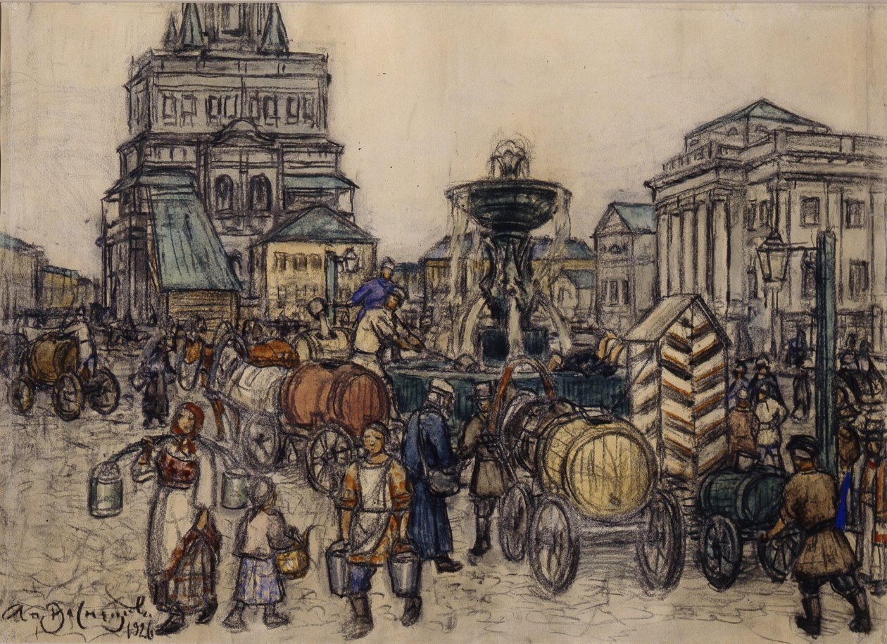 De Fontein op het Sukharevskaya Plein in de 19e eeuw, 1921 door Apollinari Mikhailovich Vasnetsov
