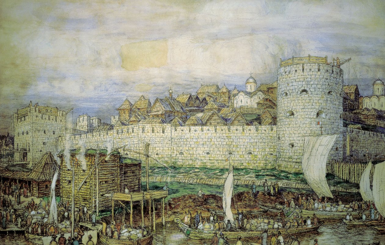 Waarschijnlijk uitzicht op het witte stenen Kremlin van Dmitry Donskoy. Eind 14e eeuw door Apollinari Mikhailovich Vasnetsov