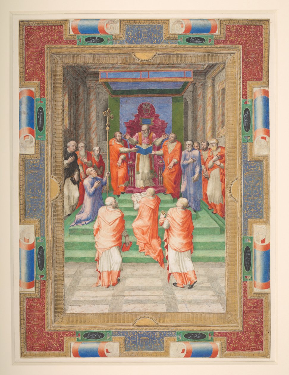 Een pauselijke ceremonie, Paul IV staat voor de pauselijke troon, Add. MS 35254 Q, ca. 1555-59 door Apollonio di Bonfratelli