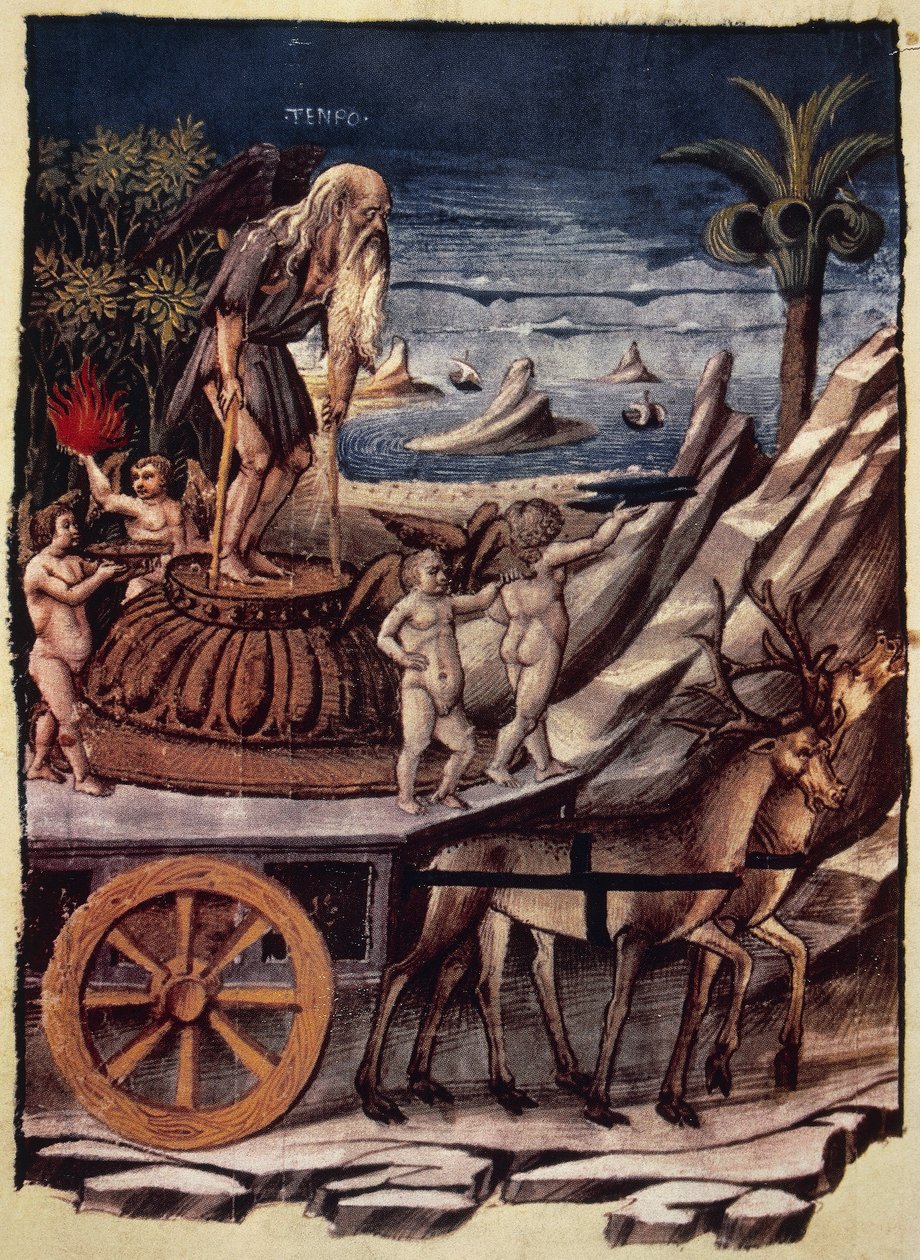 De triomf van de Tijd, de wagen van de Tijd getrokken door herten, miniatuur door Apollonio di Giovanni (1415 of 1417-ca 1465) uit Triomfen, allegorisch gedicht door Francesco Petrarca (1304-1374), manuscript 1129, folio 42, verso, Italië door Apollonio di Giovanni di Tommaso