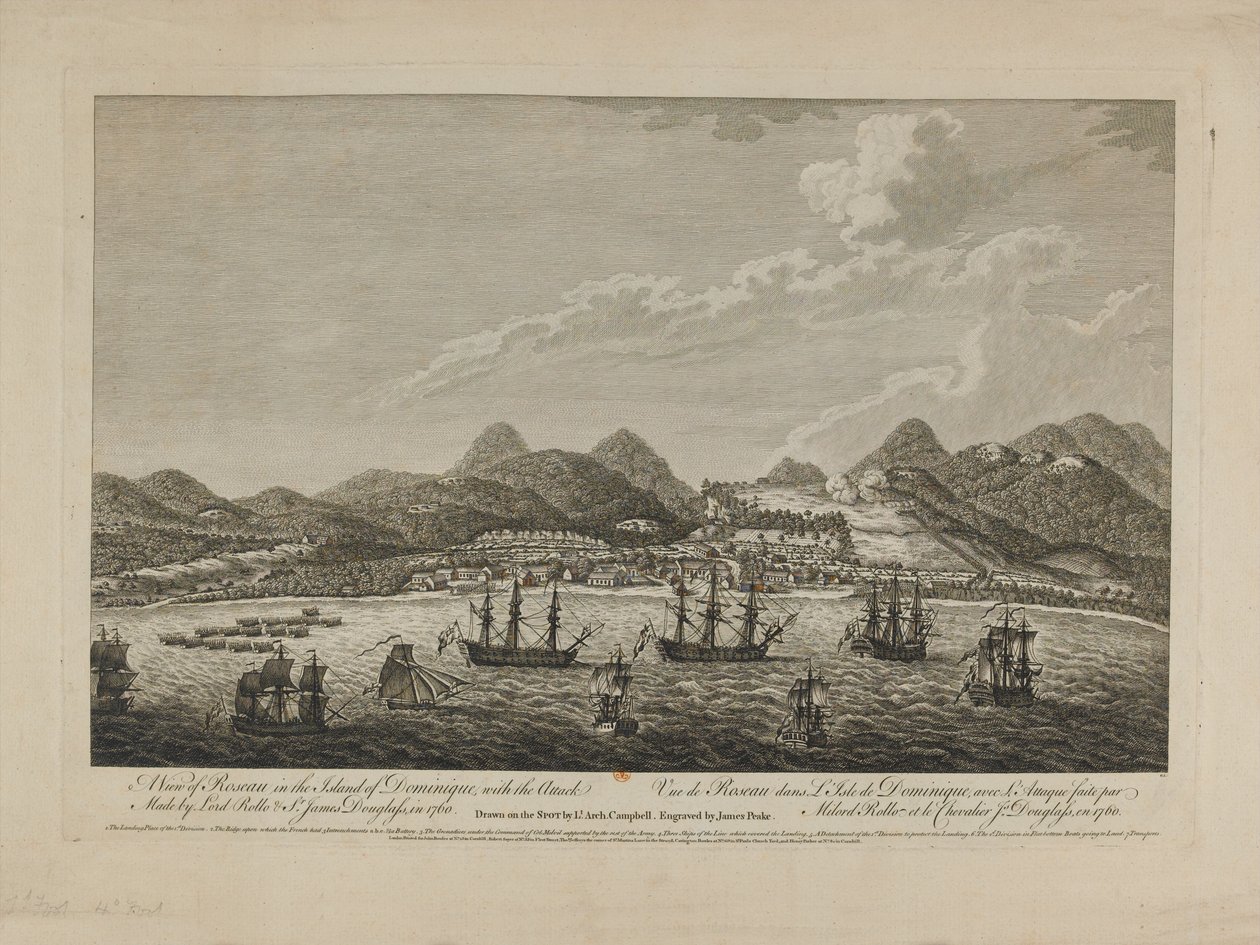 Uitzicht op Roseau op het eiland Dominique, met de aanval van 1760 door Lord Rollo en Sir James Douglas, 1760, gegraveerd door Benazech, gepubliceerd 1761 door Archibald Campbell