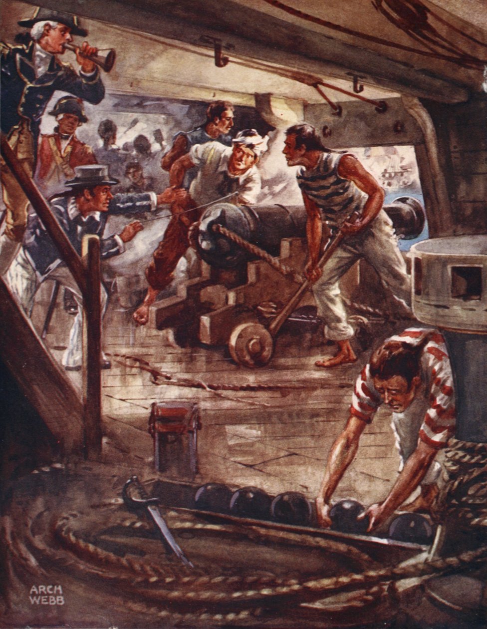 Elk kanon van zijn adamantine lippen, verspreidde een doodsschaduw rond de schepen, uit Ballads of Famous Fights, Eerste Editie, 1920 door Archibald Webb