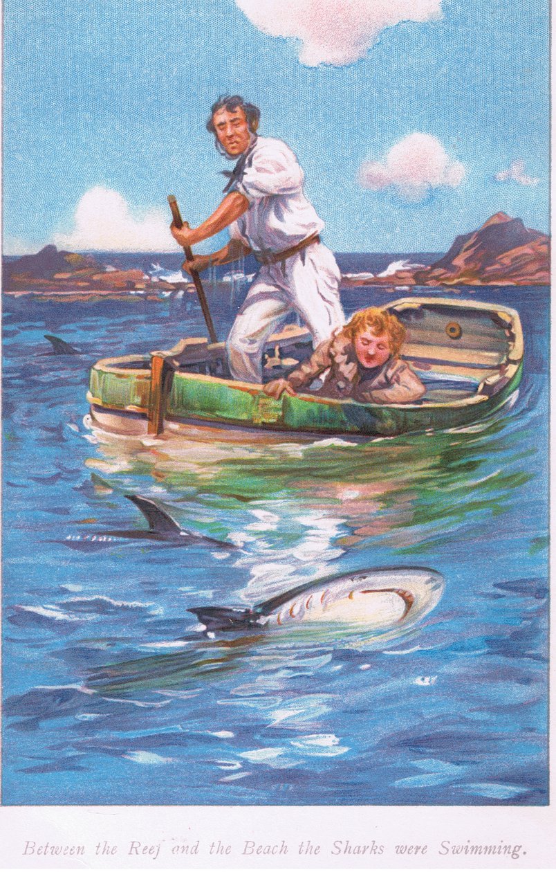 Tussen het rif en het strand zwommen de haaien door Archibald Webb