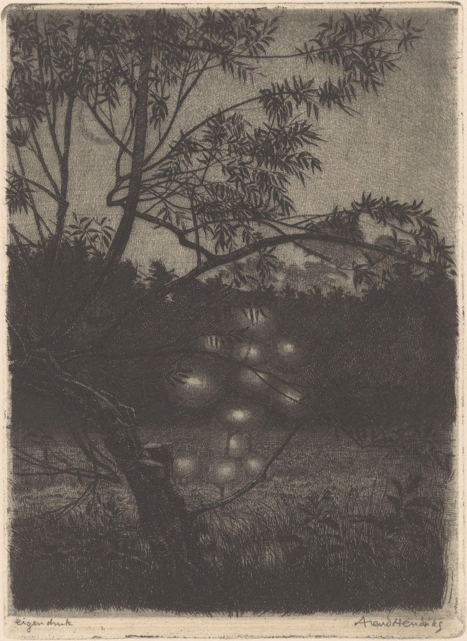 Tuin met lichtgevende boom door Arend Hendriks (signed by artist)