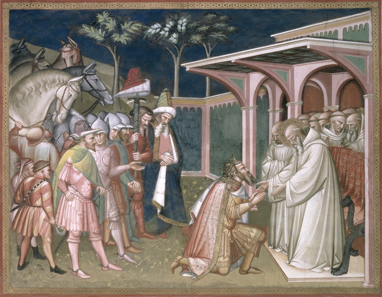 De heilige profeteert aan Totila, koning van de Goten (detail) door Aretino Luca Spinello or Spinelli