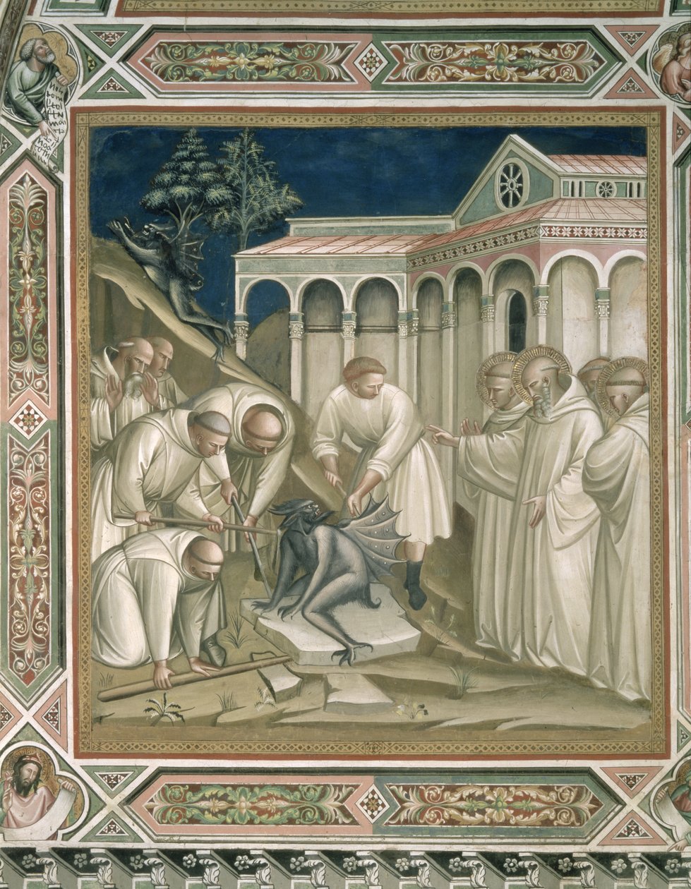 De zware steen (detail) uit het leven van St. Benedictus (ca. 480-ca. 550), in de sacristie, 1387 door Aretino Luca Spinello or Spinelli