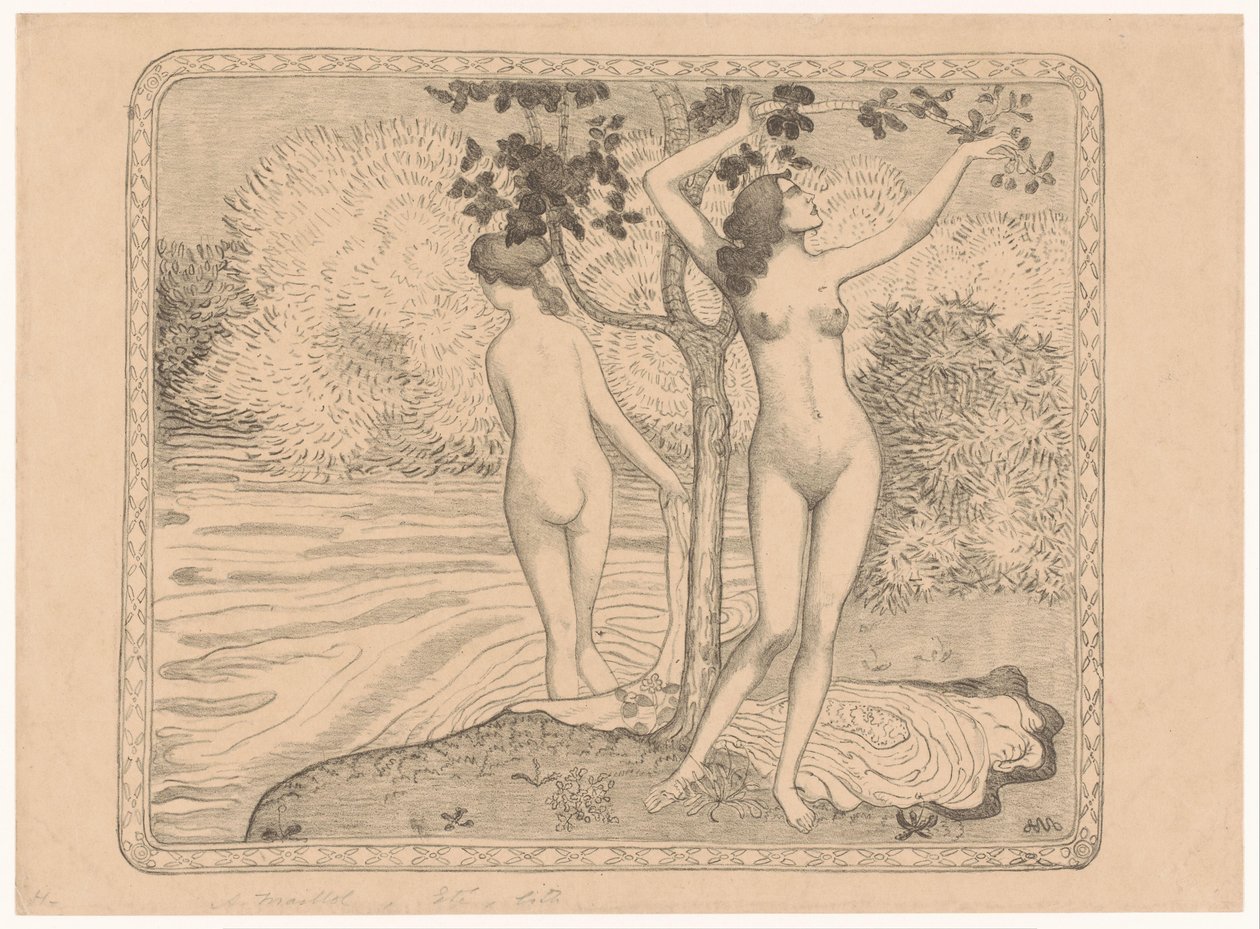 Twee badende vrouwen onder een boom aan de waterkant door Aristide Maillol