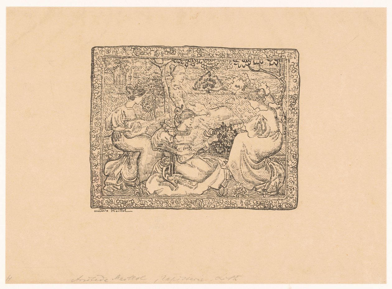 Wandtapijt met vier musicerende vrouwen in landschap door Aristide Maillol