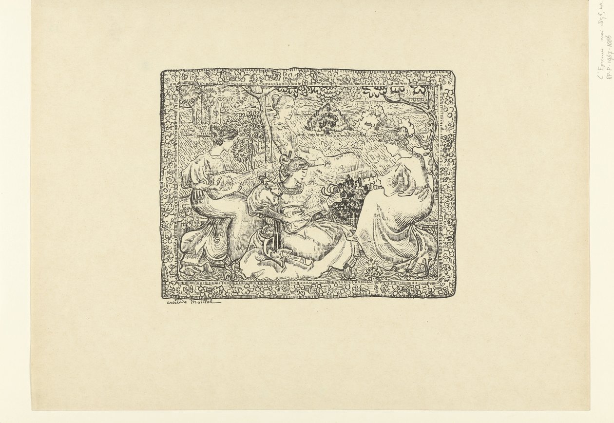 Wandtapijt met vier musicerende vrouwen in landschap door Aristide Maillol