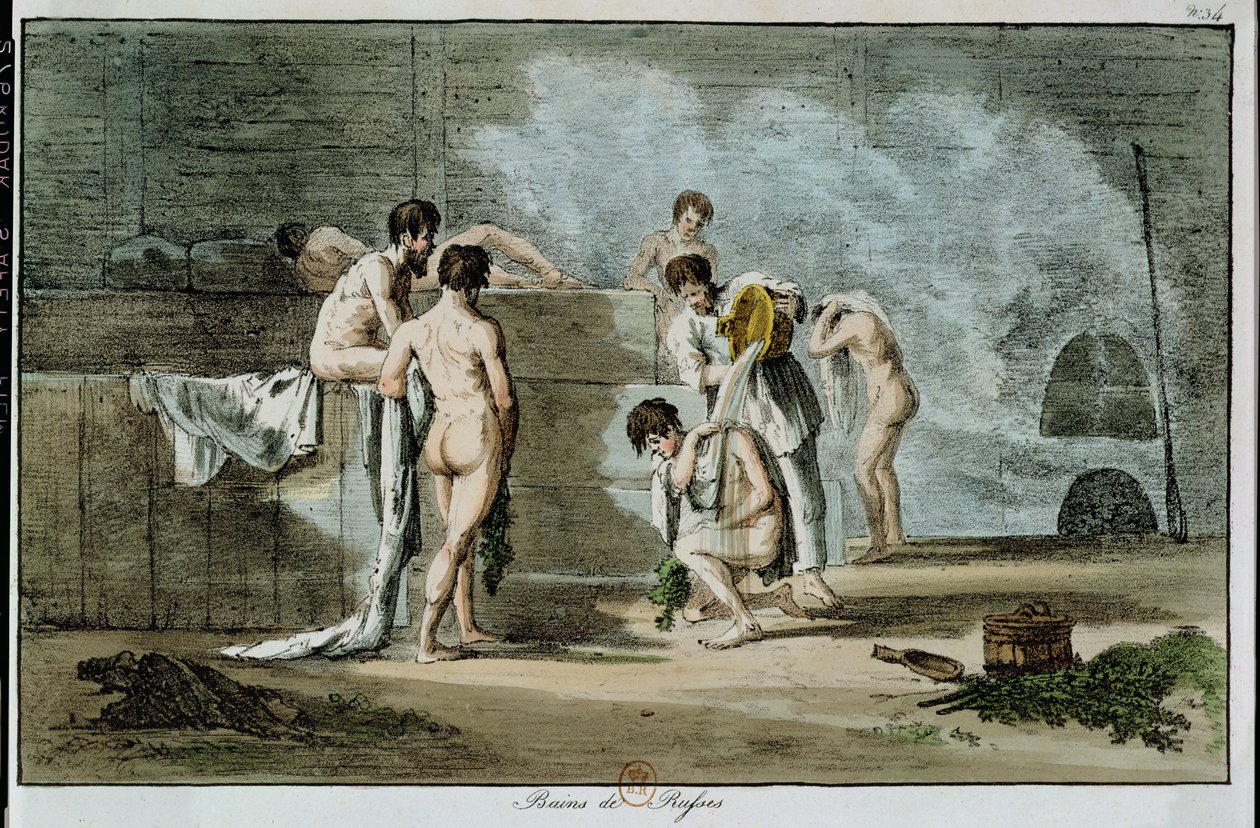 Russische mannen in een sauna, uit Moeurs et Coutumes Russes, 1821 door Armand Gustave Houbigant