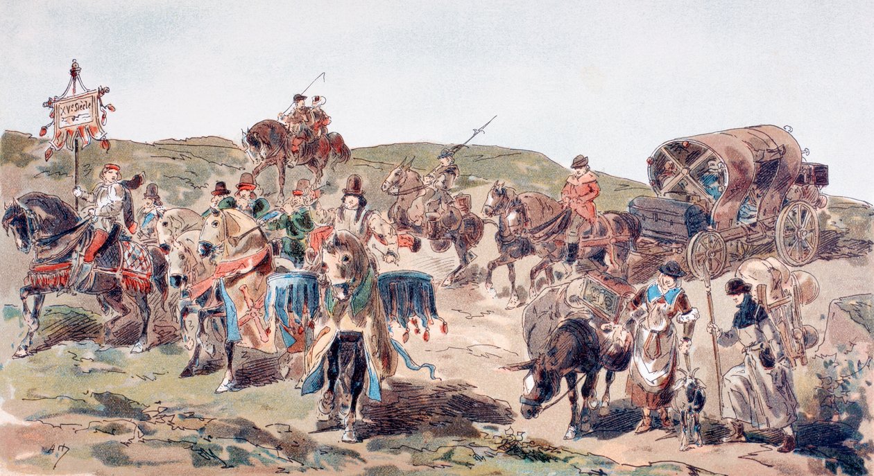 Een Wagen die met Begeleiding reist in de 15e Eeuw, 1886 door Armand Jean Heins