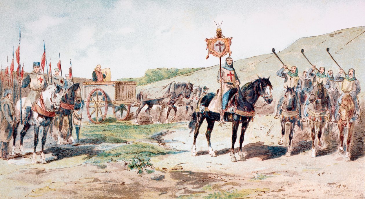 Kruisvaarders op mars in de 11e eeuw met een door paarden getrokken bevoorradingswagen, 1886 door Armand Jean Heins