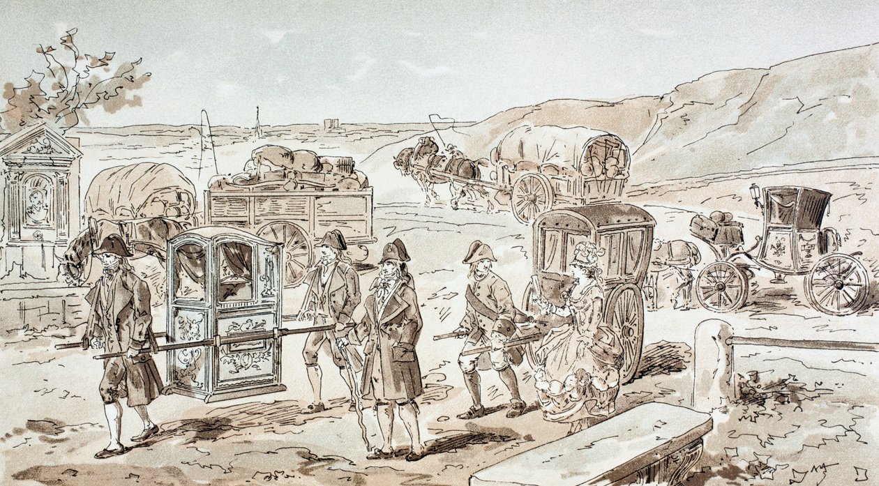 Voorbeelden van 18e-eeuwse vervoermiddelen, 1886 door Armand Jean Heins