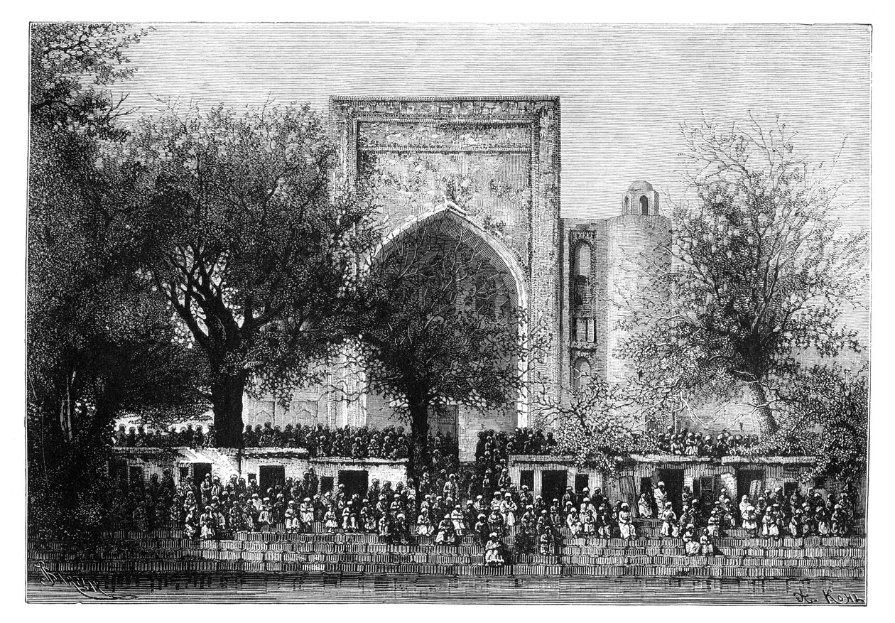 Een bijeenkomst voor de moskee in Bukhara, Oezbekistan, 1895 door Armand Kohl