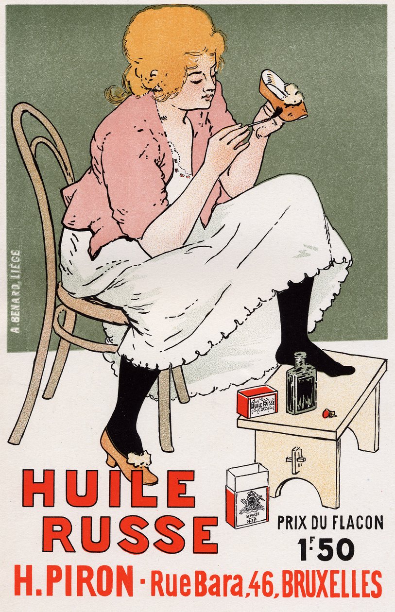 Levensstijl. Mode. Russische olie, schoenreparatie. Poster door Armand Rassenfosse, België, c.1895 door Armand Rassenfosse