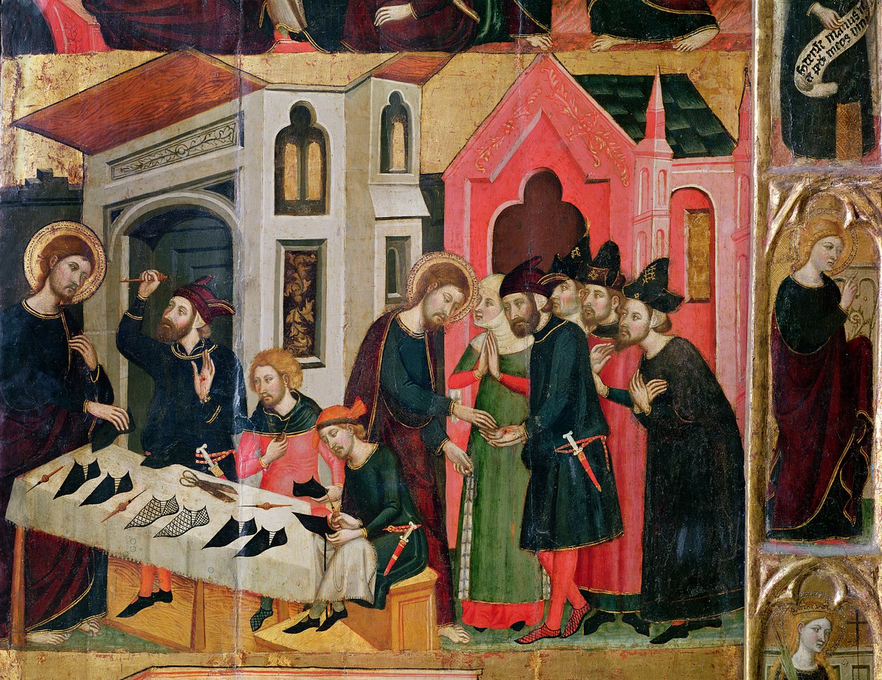 Het altaarstuk van SS. Mark en Ania, detail van een schoenmakerskraam, Catalaanse school, 1346 door Arnau Bassa