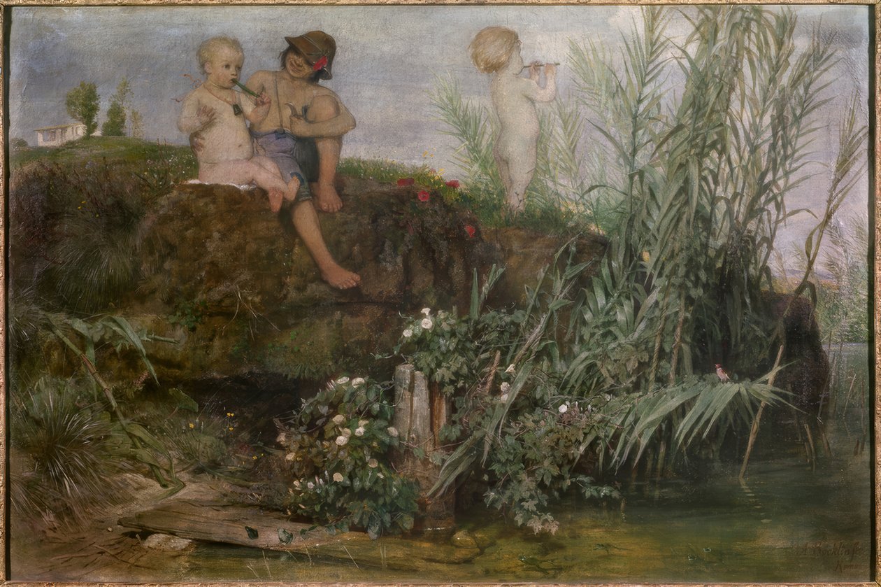 Kinderen die meipijpen snijden door Arnold Böcklin
