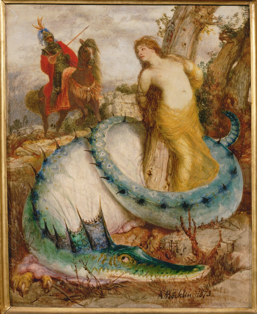 Angelica und der Drache - Angelica en de draak ... (tempera op hout) door Arnold Böcklin