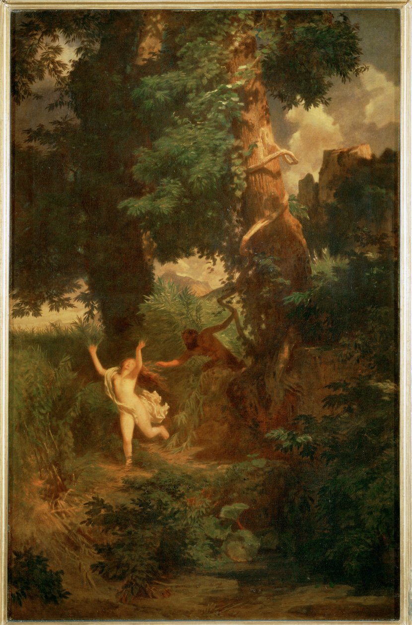 Syrinx von Pan verfolgt - Syrinx vlucht voor Pan ... (schilderij op doek) door Arnold Böcklin