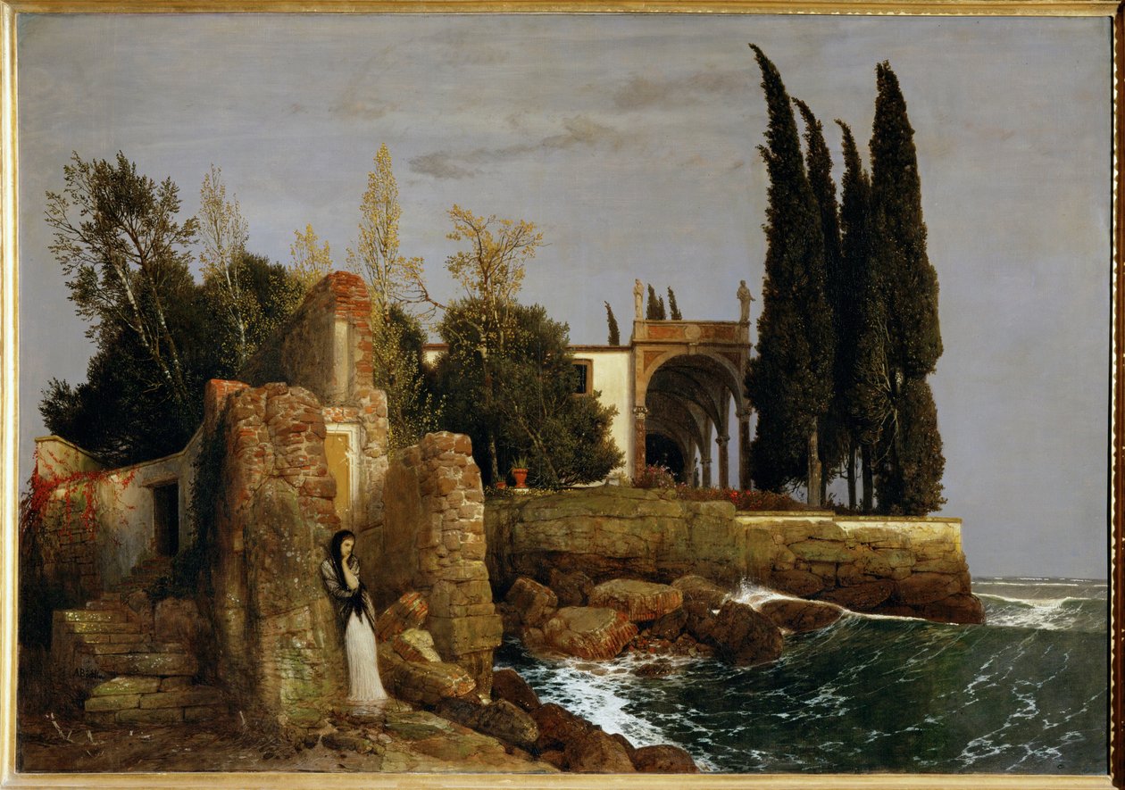Villa aan de kust ... (schilderij op doek) door Arnold Böcklin