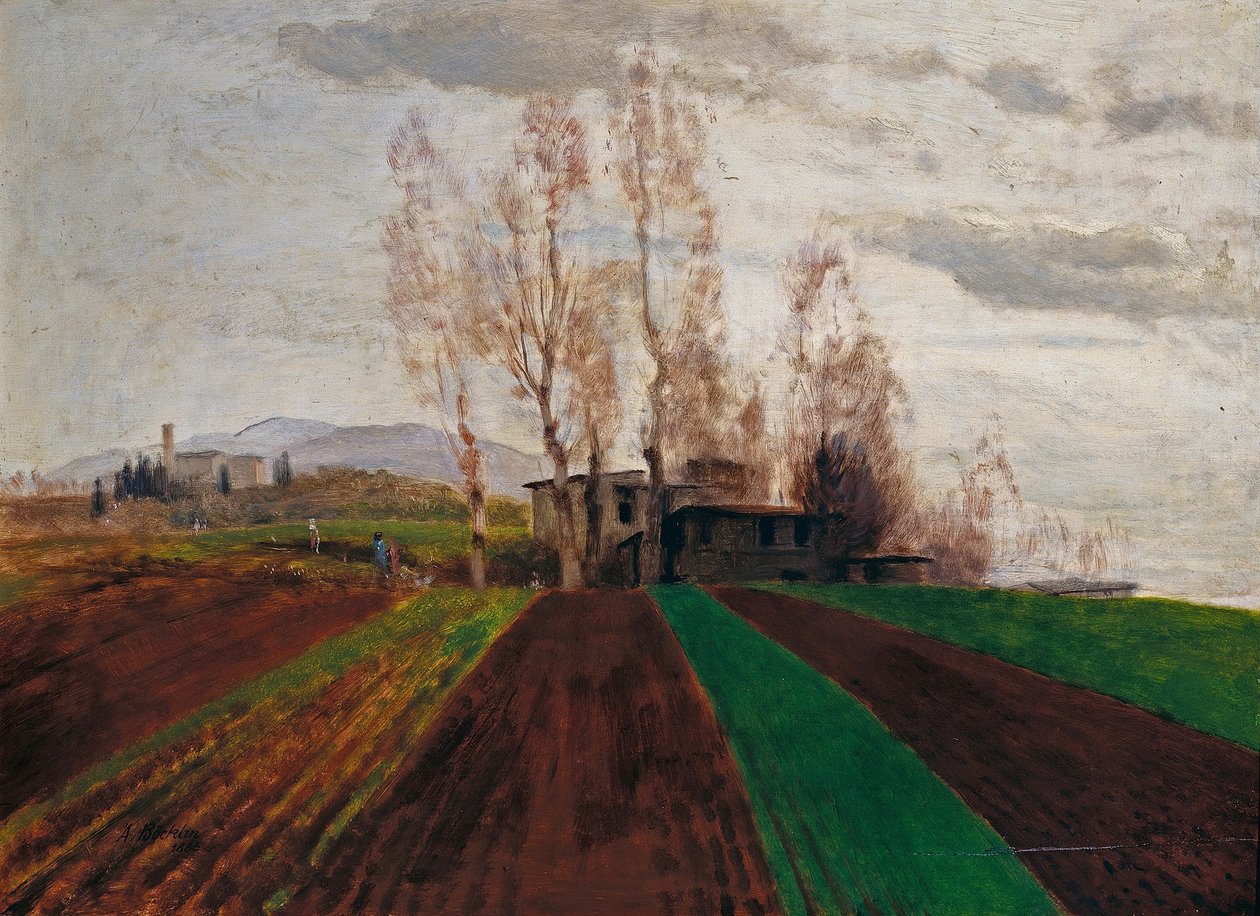 Landbouwgrond in het vroege voorjaar / Omgeploegd veld in het vroege voorjaar door Arnold Böcklin