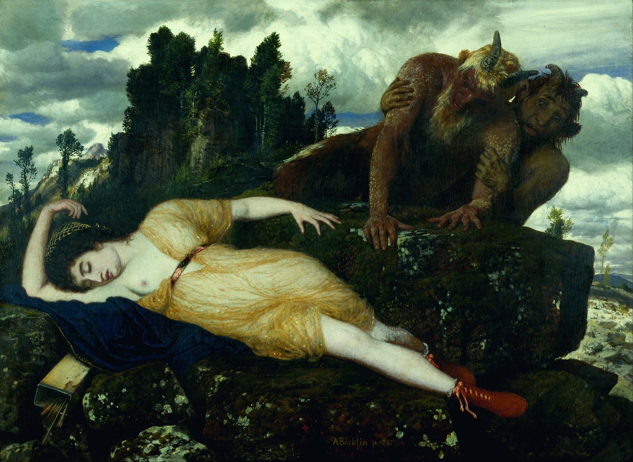 De slapende Diana, gadegeslagen door twee faunen door Arnold Böcklin