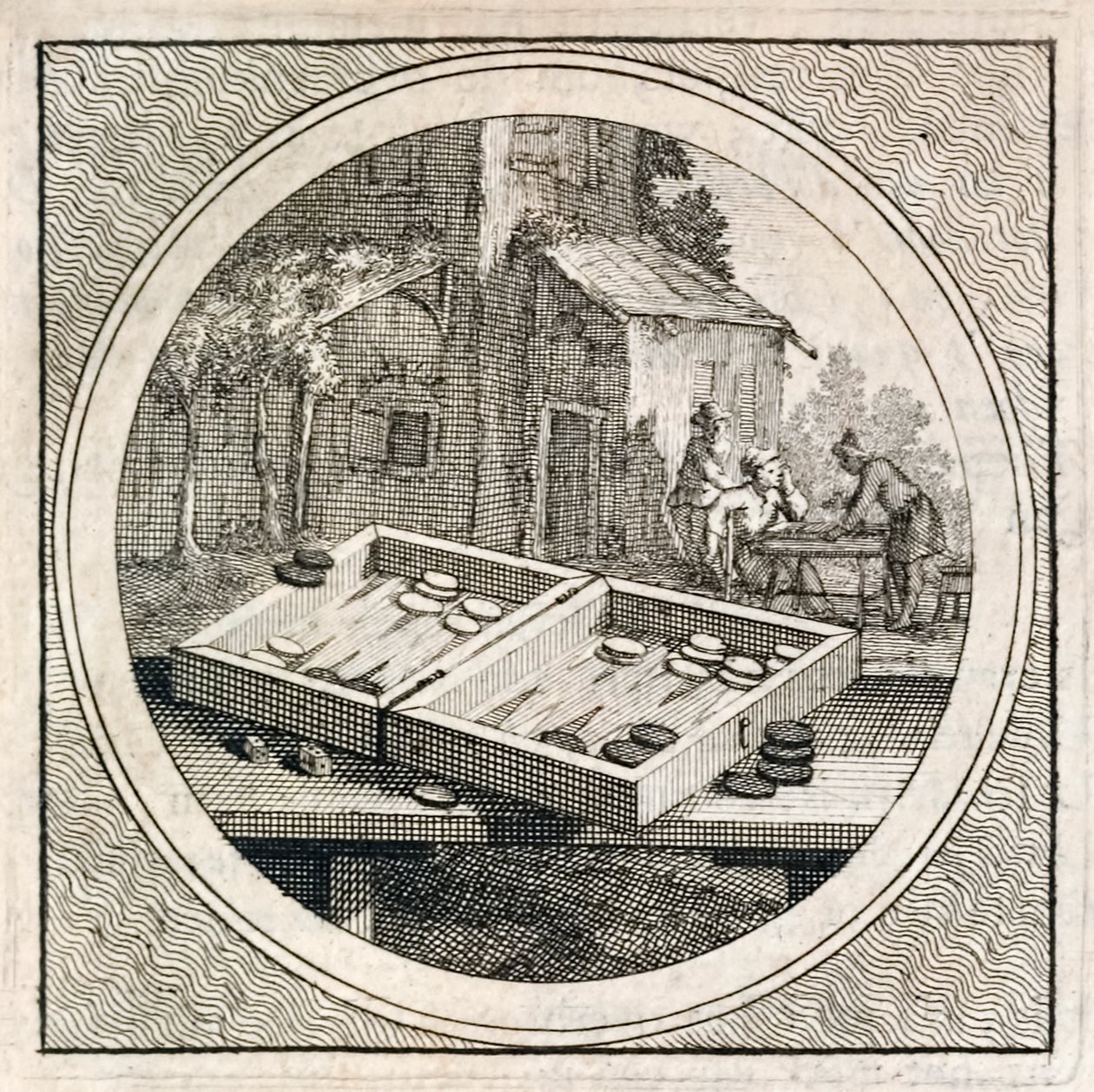 Backgammon set en spelers uit Stichtelyke Zinnebeelde door Arnold Houbraken