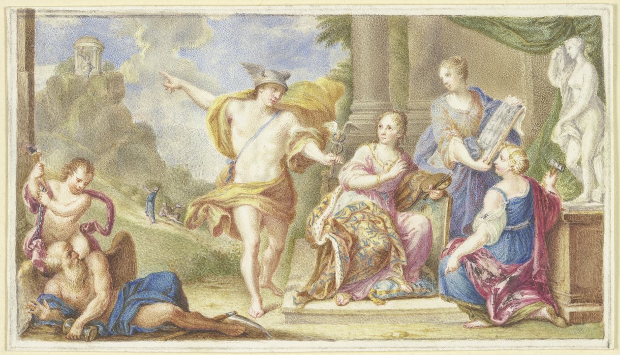 Mercurius wijst de kunsten de weg naar een heiligdom op een steile heuvel door Arnold Houbraken