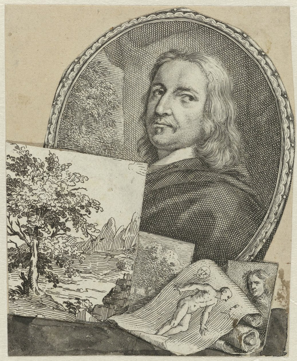 Portret van Philippe de Champaigne in collage door Arnold Houbraken