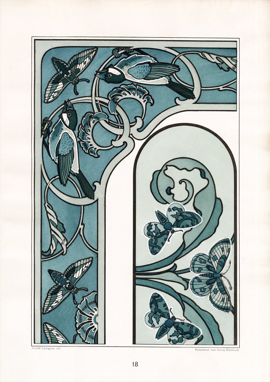 Art Nouveau Frame Ornament met vogels en motten (litho) door Arnold Lyongrün