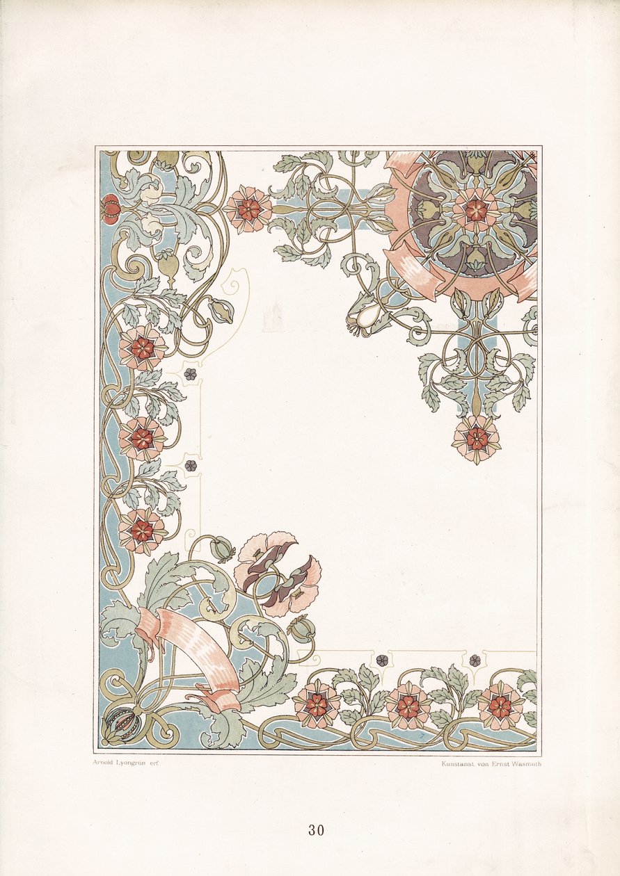 Art Nouveau klaproos randornament (litho) door Arnold Lyongrün