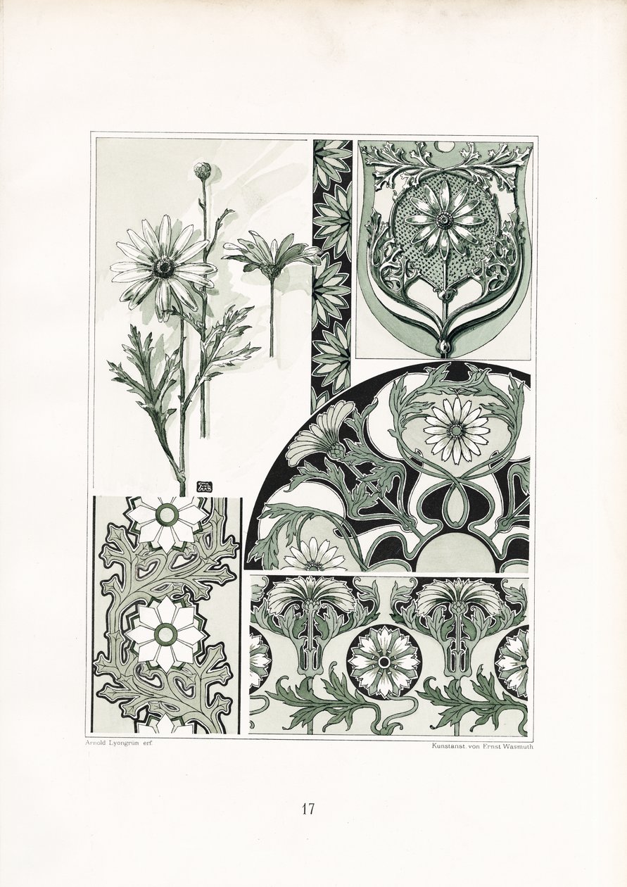Margriet ornamenten in groen kleurenschema (litho) door Arnold Lyongrün