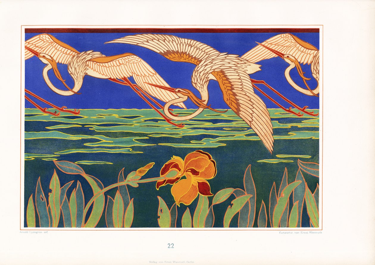 Decoratieve Art Nouveau Fries met reigers boven waterlandschap (litho) door Arnold Lyongrün