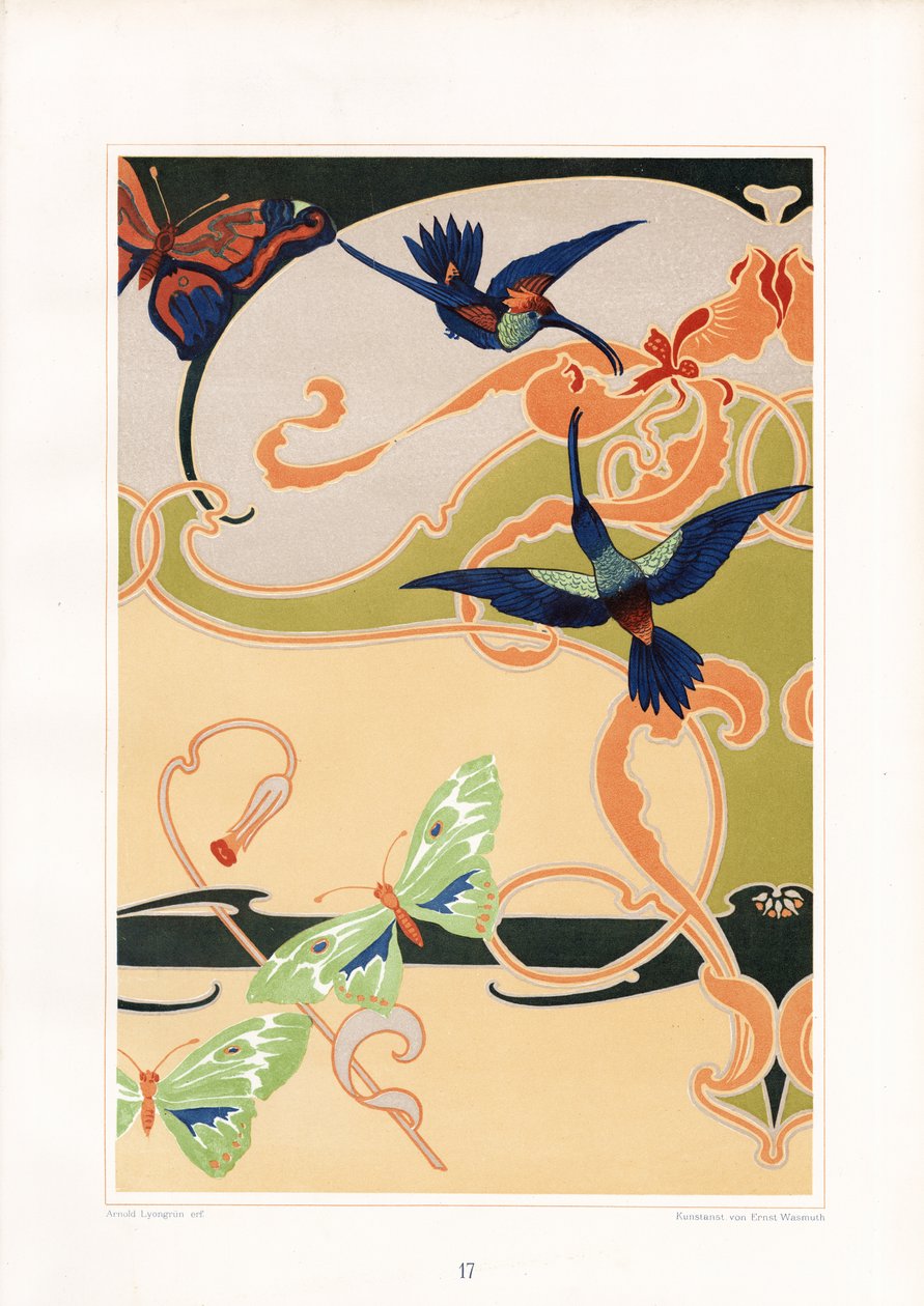 Decoratief art nouveau-patroon met kolibries en vlinders (litho) door Arnold Lyongrün