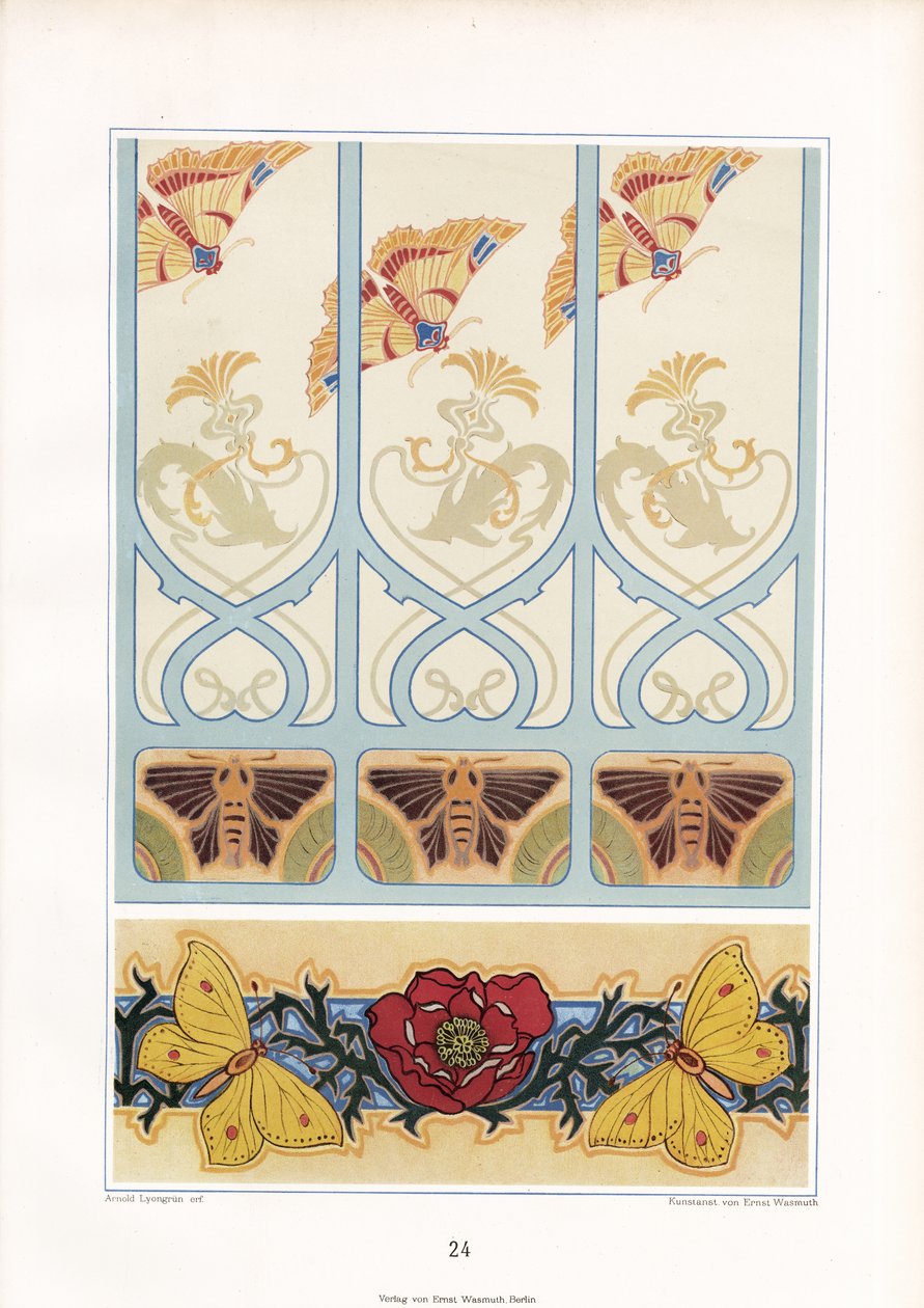Insectmotieven in Art Nouveau ornamentiek: Vlinders, motten en papaverbloesem (litho) door Arnold Lyongrün