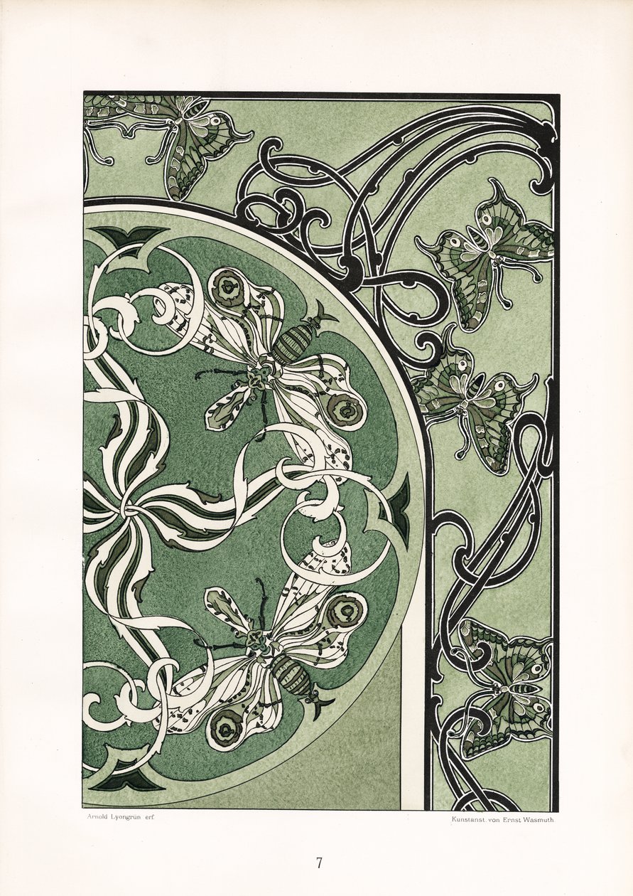 Insectmotieven in groen ornament (litho) door Arnold Lyongrün