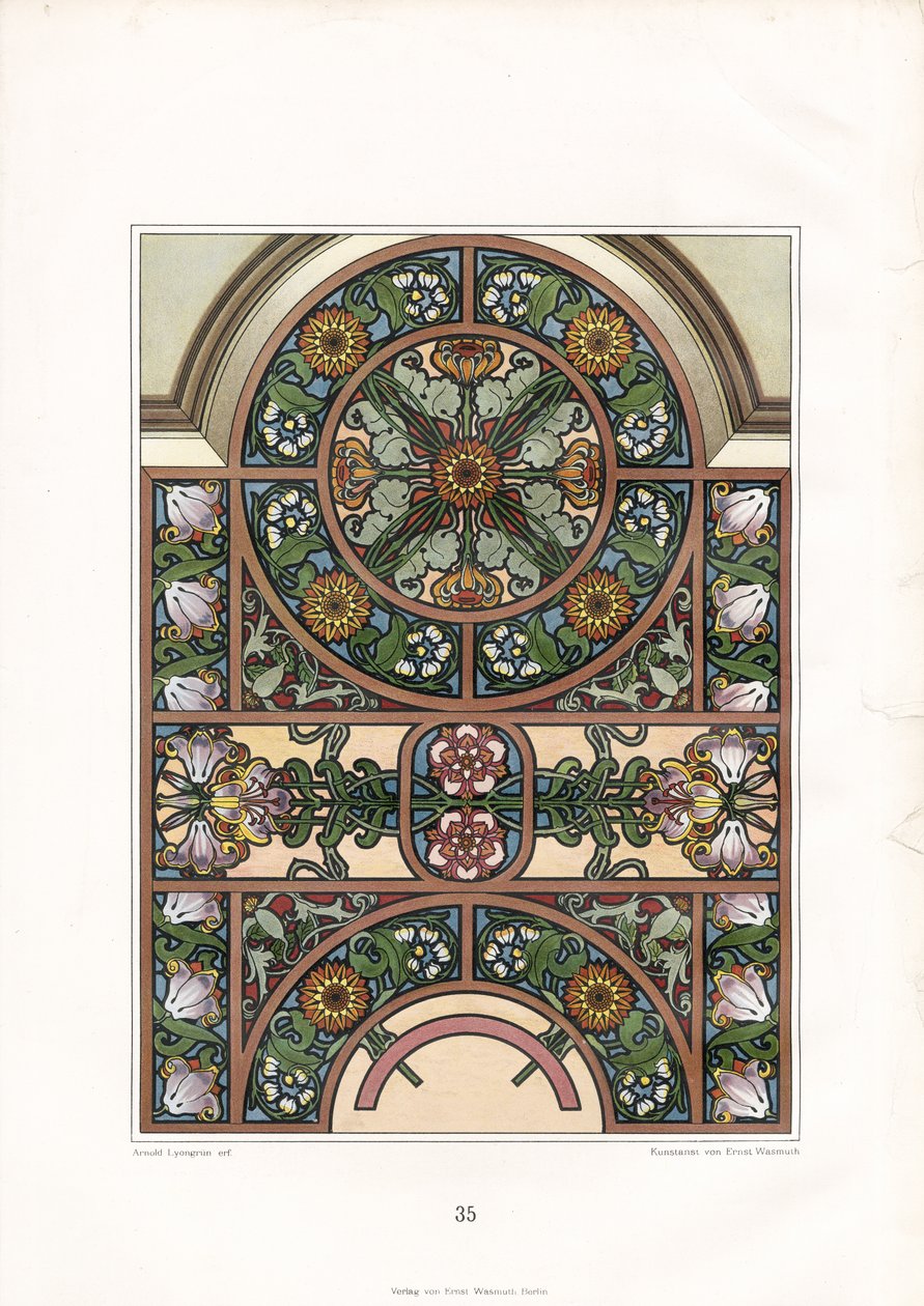 Vensterboog met zonnebloemen en tulpen (litho) door Arnold Lyongrün