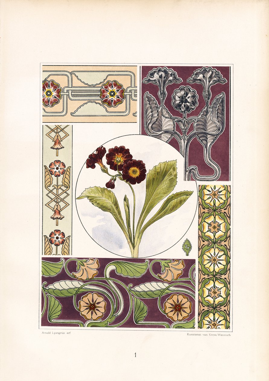 Primrose motieven en florale ornament variaties (litho) door Arnold Lyongrün