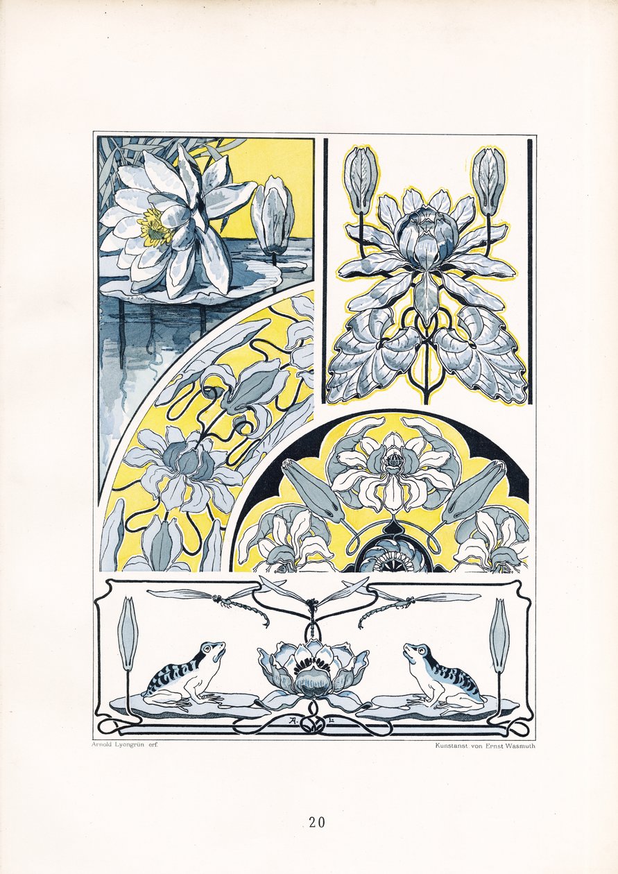 Waterleliemotieven in blauwgele compositie (litho) door Arnold Lyongrün