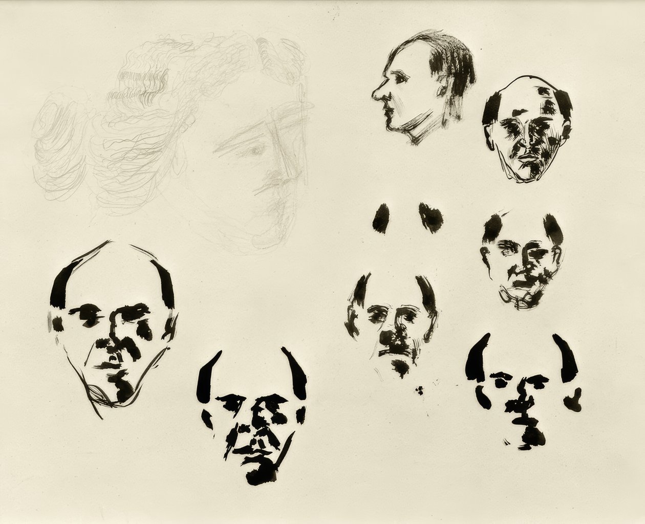 Zelfportretten (7 Hoofden en face en in Profiel en Schets) door Arnold Schönberg