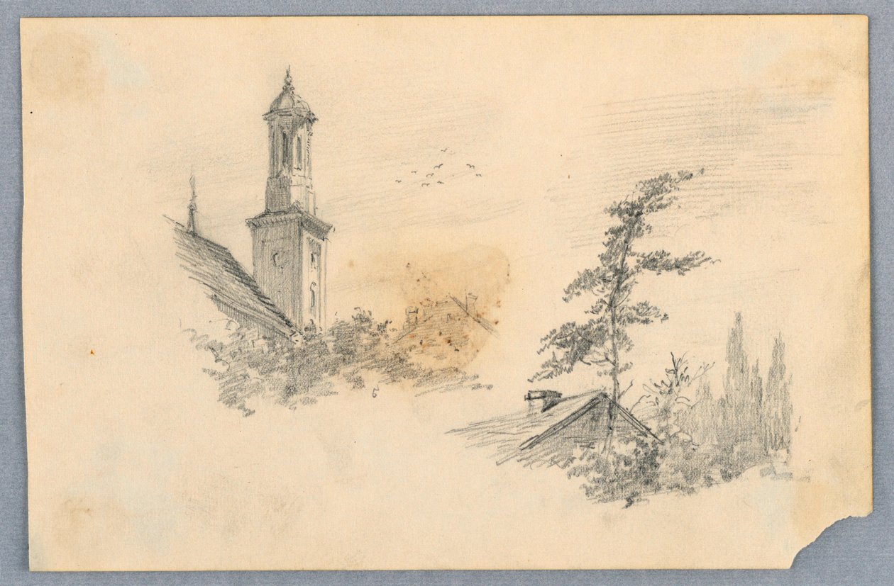 Schets van kerktoren en dak door Arnold William Brunner