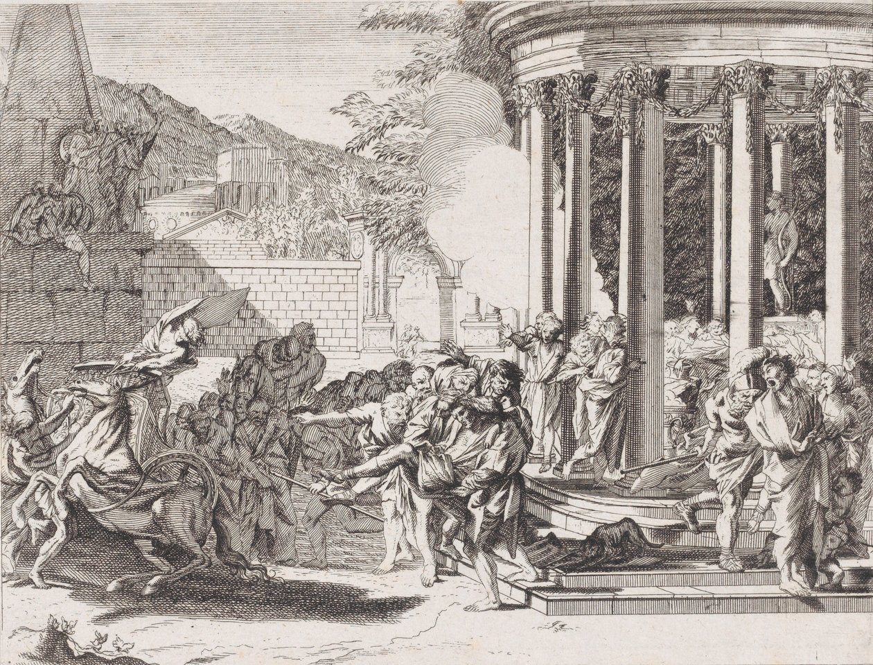 Sinorix wordt uit de tempel gedragen na vergiftiging, 1650-1700 door Arnold van Westerhout.