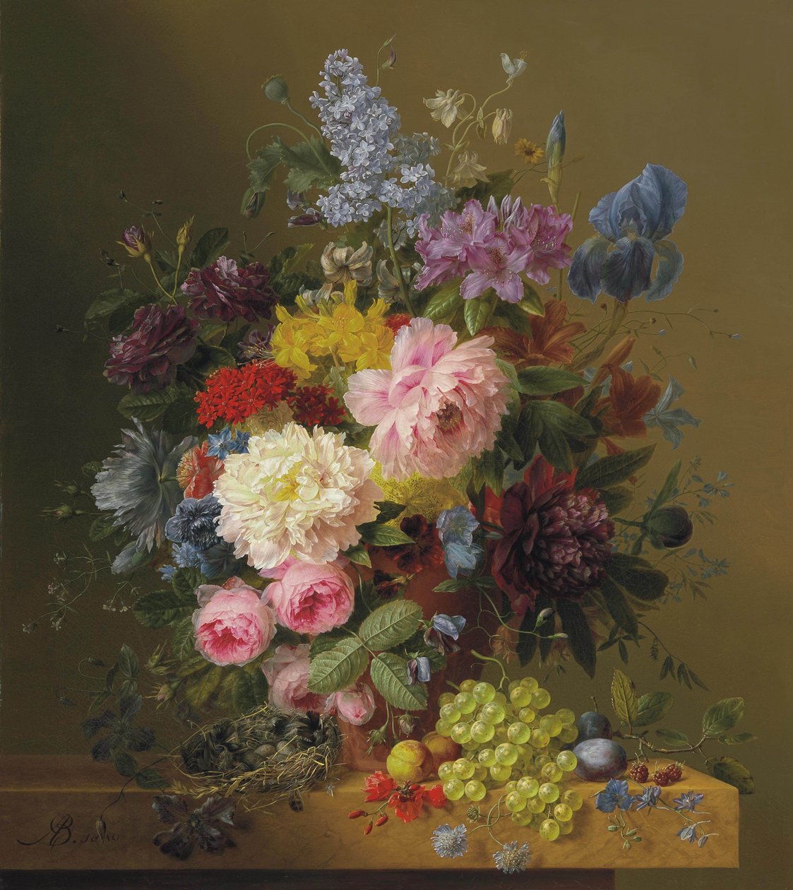 Seringen, pioenen, tulpen, rozen, irissen en andere bloemen met fruit en een vogelnest op een marmeren richel door Arnoldus Bloemers