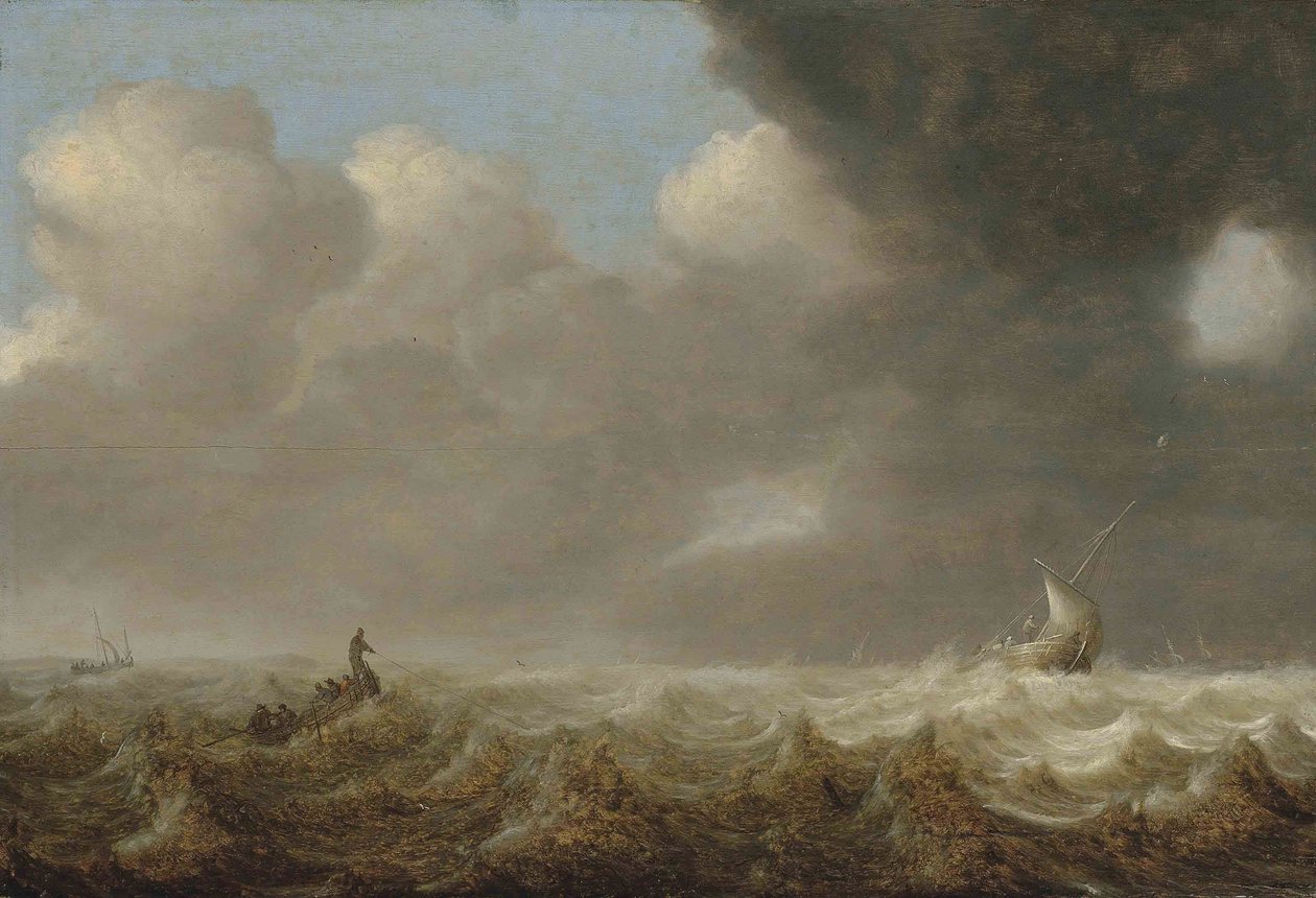 Dutch: Schepen in stormachtig weer Fishing boats in rought seas door Arnoldus van Anthonissen