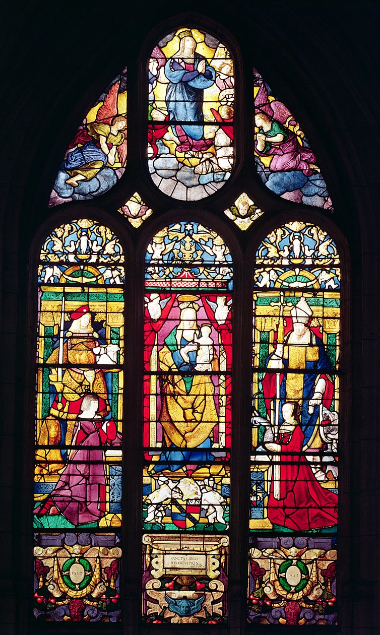 Raam met afbeelding van de Maagd en Kind omringd door St. Adrianus, St. Romain en de schenkers, 1510 door Arnoult de Nimegue
