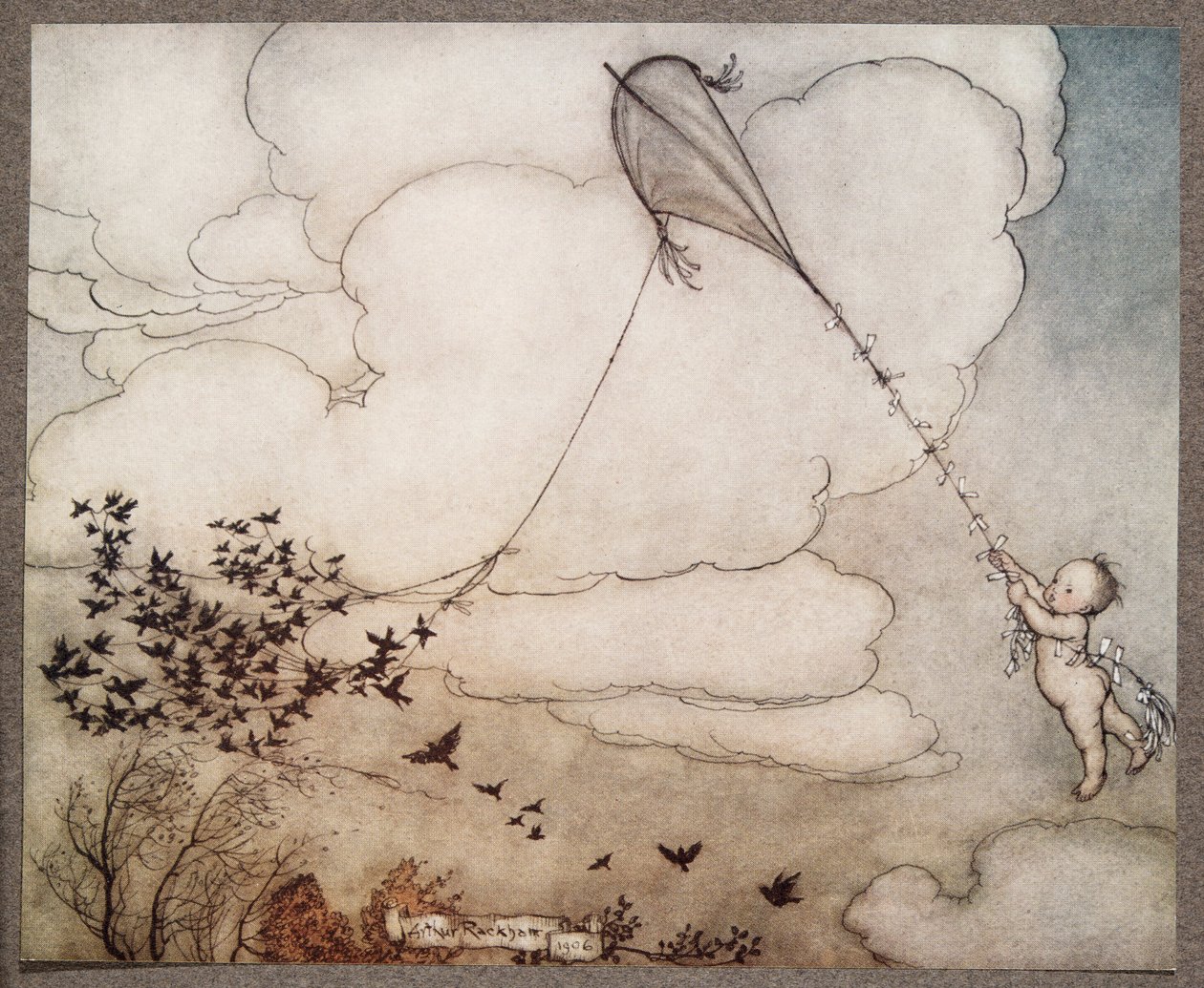 Honderd vlogen weg met het touw, en Peter klampte zich vast aan de staart, uit Peter Pan in Kensington Gardens door J M Barrie (1860 - 1937), pub. 1906 door Arthur Rackham