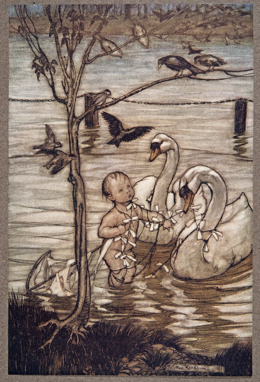 Hierna zeiden de vogels dat ze hem niet meer zouden helpen in zijn dwaze ondernemingen, uit Peter Pan in Kensington Gardens door J M Barrie (1860 - 1937), pub. 1906 door Arthur Rackham