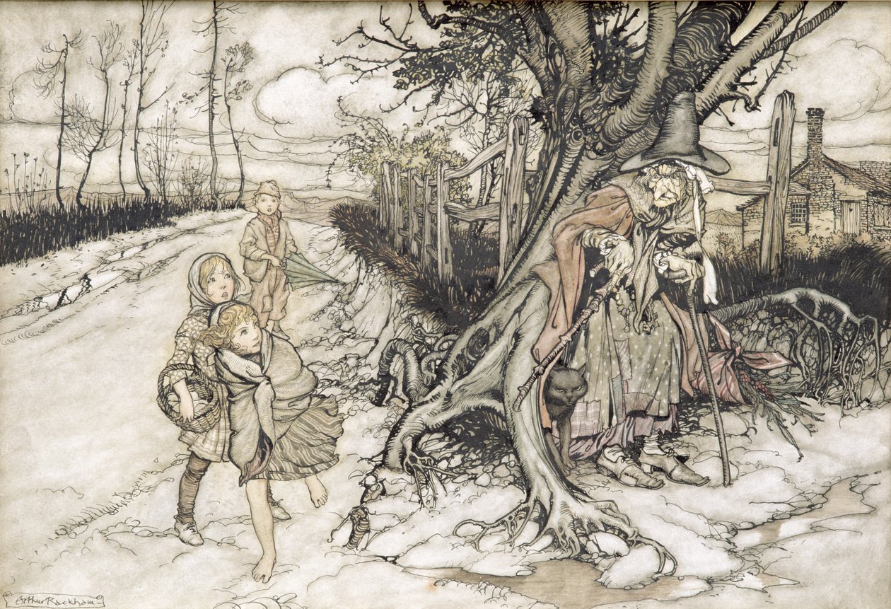 Kinderen geschrokken door een Heks door Arthur Rackham