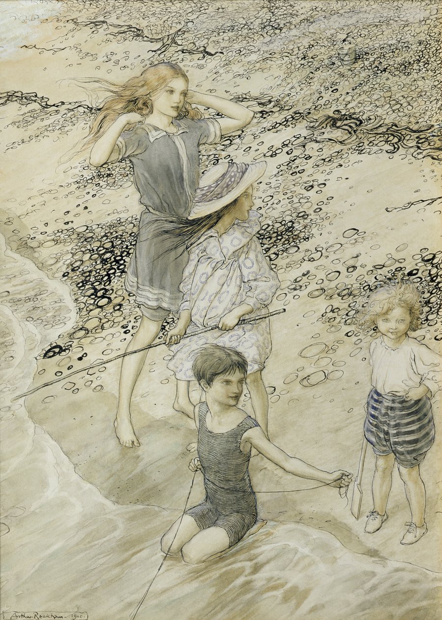 Vier kinderen aan de kust, 1910 door Arthur Rackham