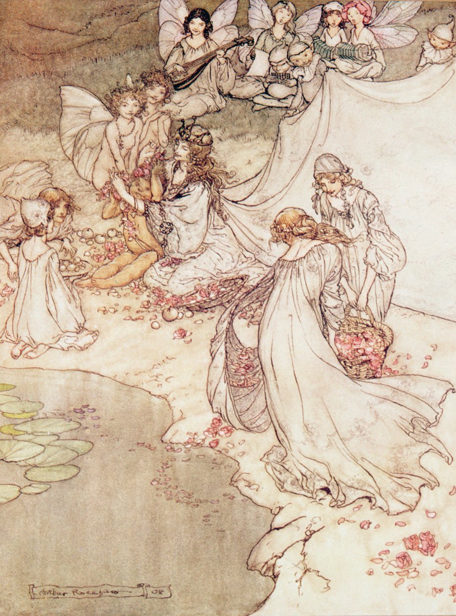 Illustratie voor een sprookje, feeënkoningin bedekt een kind met bloesem door Arthur Rackham